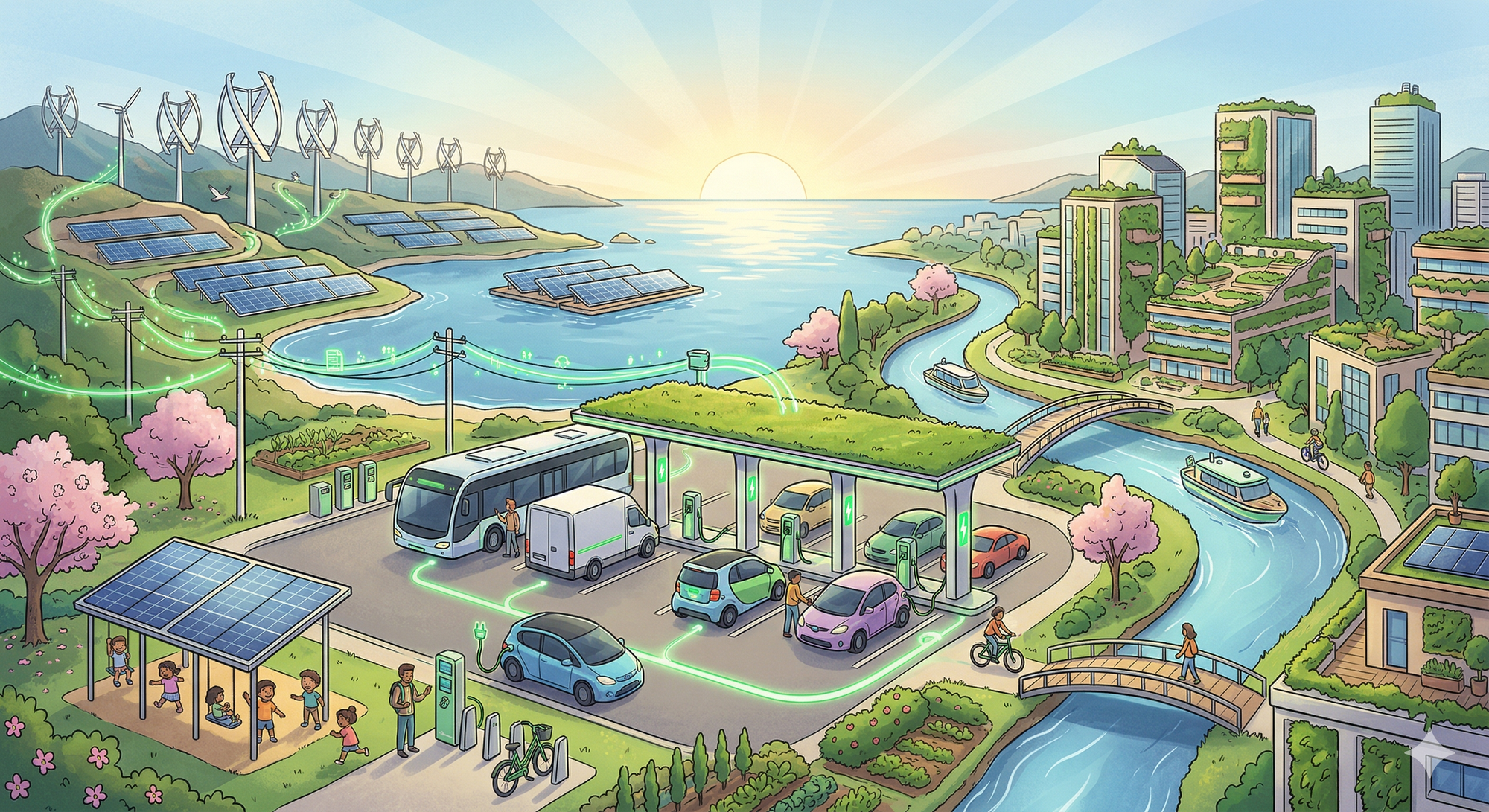 Illustration of a modern sustainable city, featuring wind turbines, solar panels, and a GridLink electric vehicle charging station supporting cars, vans, and a bus, all powered by renewable…