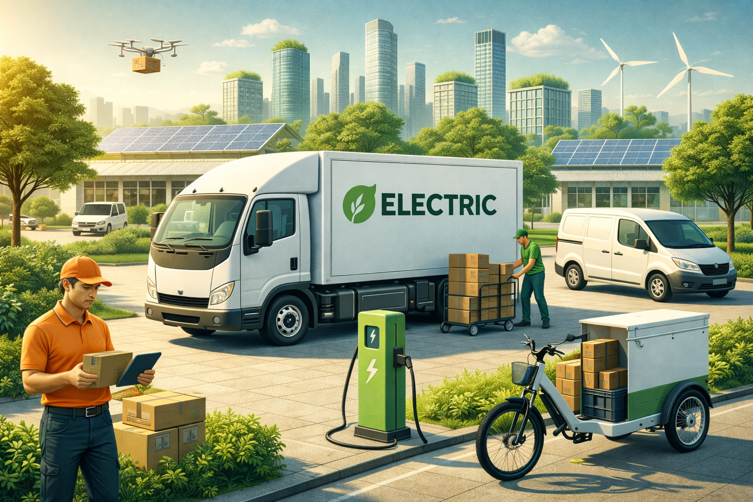 Workers installing an EV charger next to a white electric car in a green city with solar panels and wind turbines.