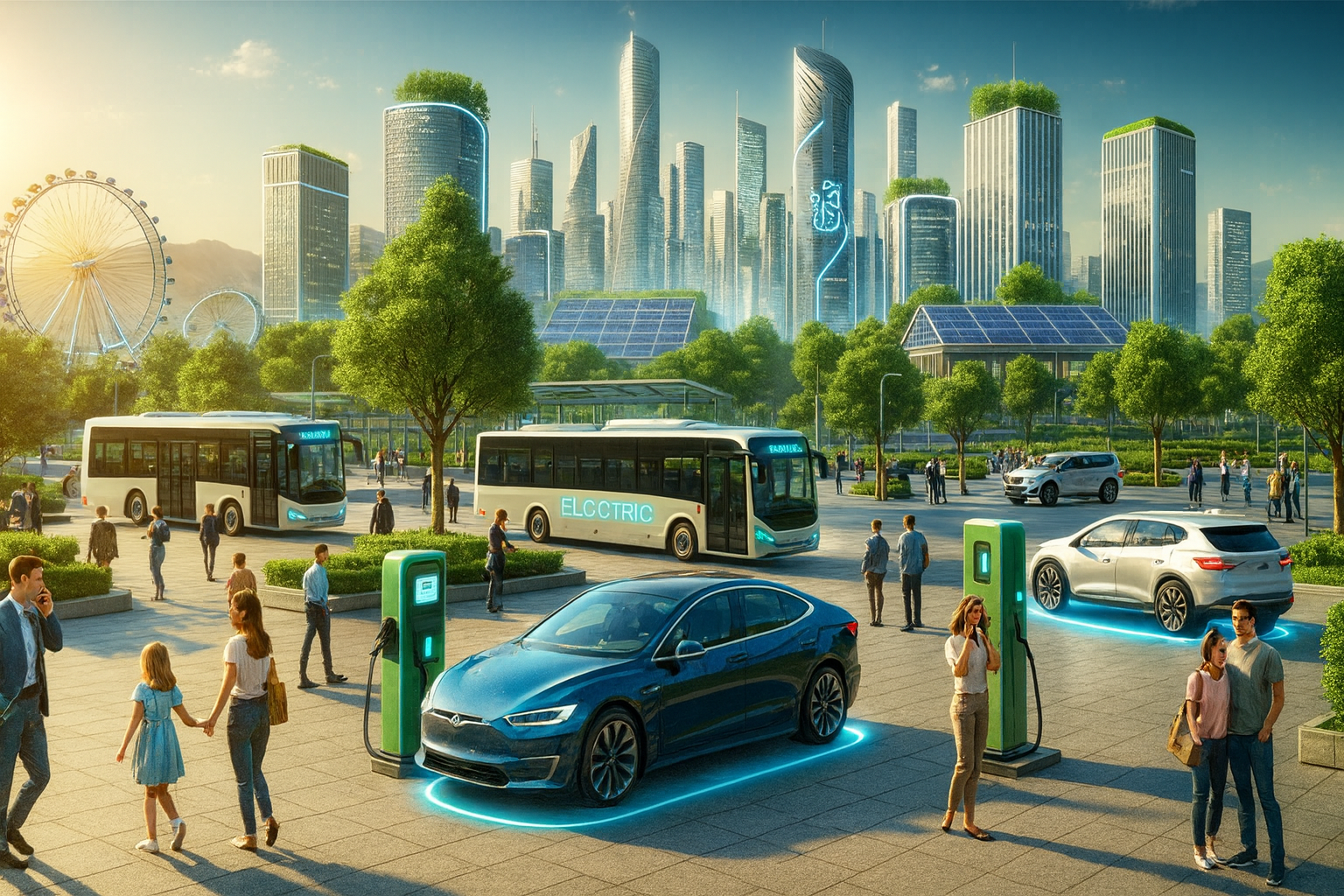 People walking through a futuristic city square with electric cars, charging stations, and electric buses surrounded by skyscrapers and solar panels.