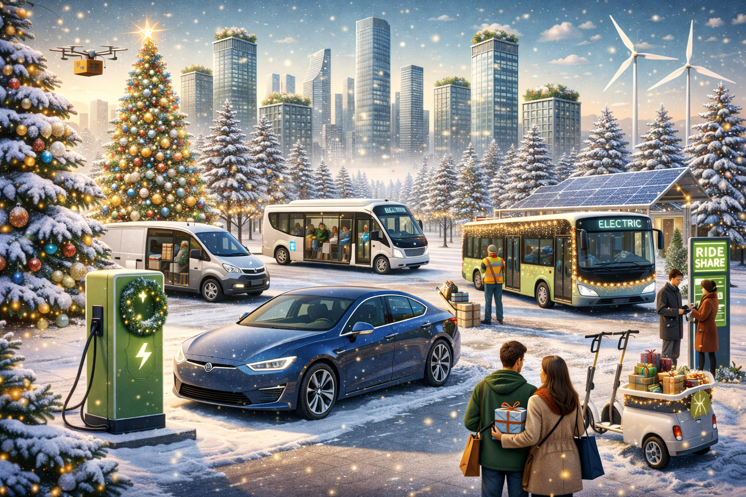 A snowy cityscape with EV buses, vans, and cars charging and decorated for the holidays.