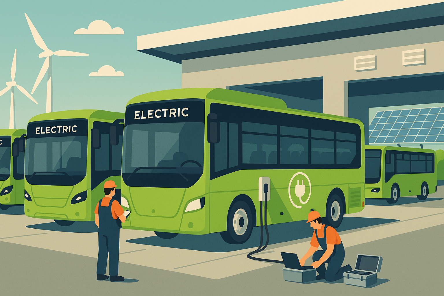Stylized illustration of an electric bus depot with technicians working on site.