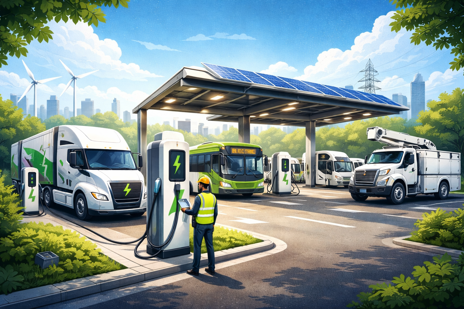 Electric fleet depot with semi-trucks, delivery vans, and buses charging under solar canopy, showcasing commercial EV fleet electrification and charging infrastructure.