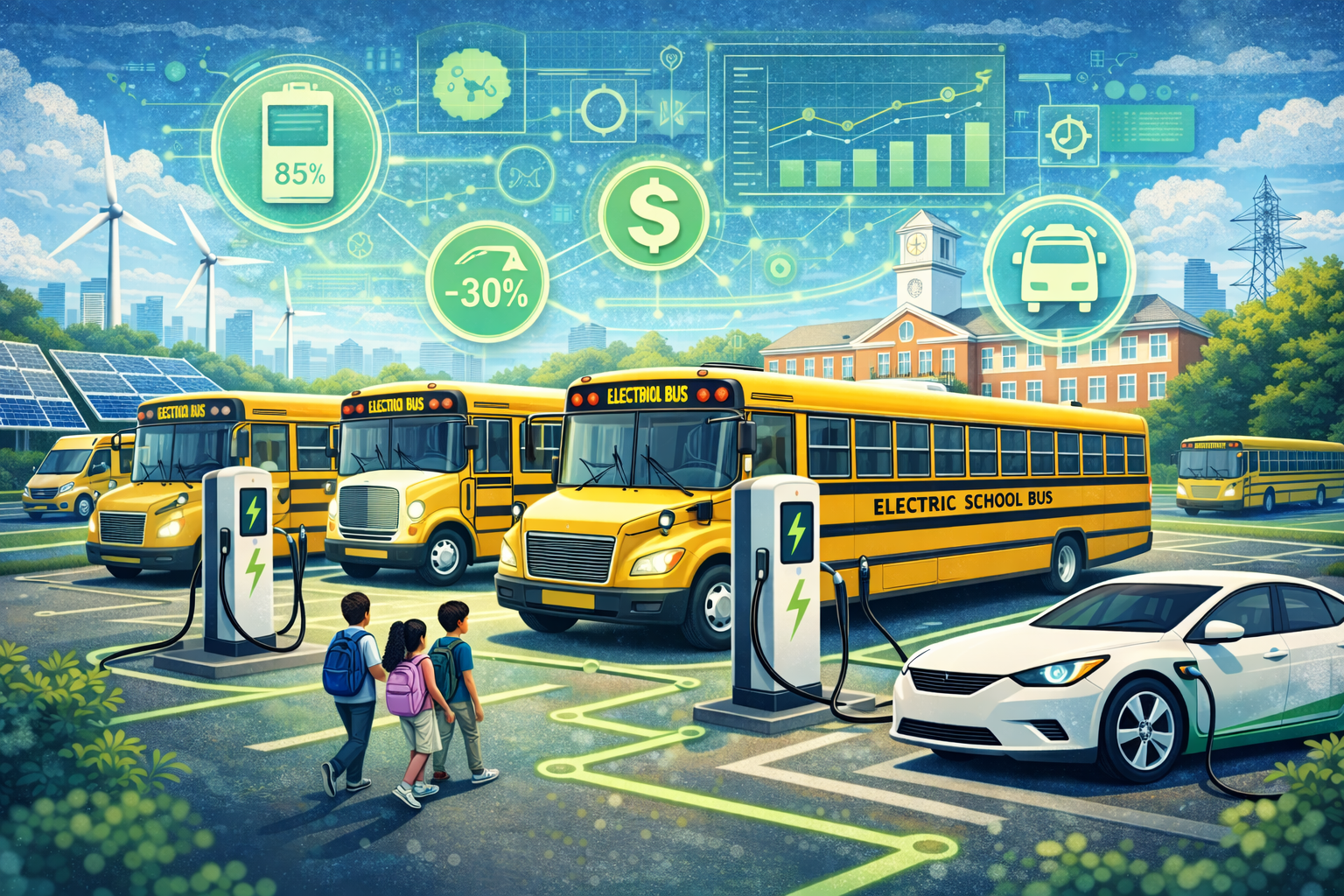 Electric school bus fleet charging at a school district depot with EV charging stations and renewable energy infrastructure.