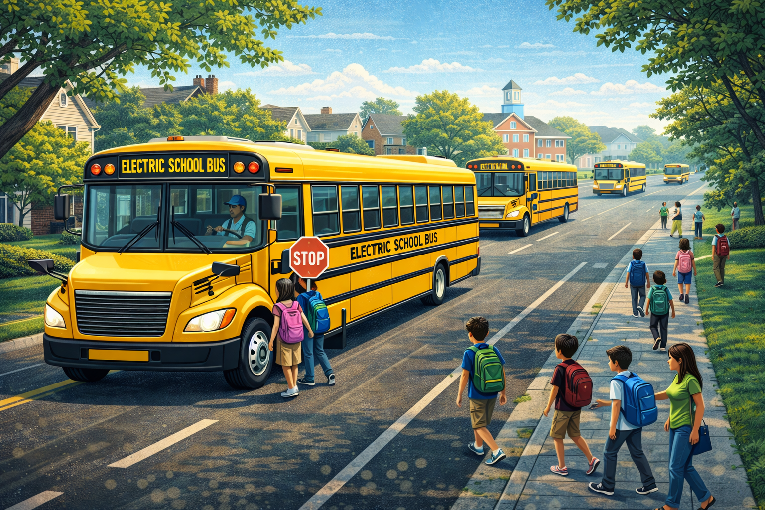 Electric school bus fleet picking up students in a neighborhood, showcasing zero-emission school transportation and fleet electrification.