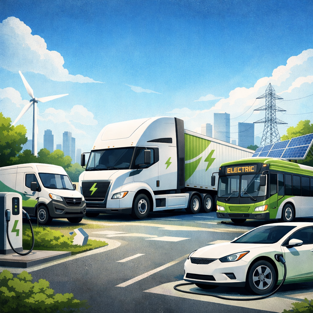 Illustration of electric vehicle fleet charging, including electric buses, delivery vans, and semi-trucks in a clean energy urban environment.