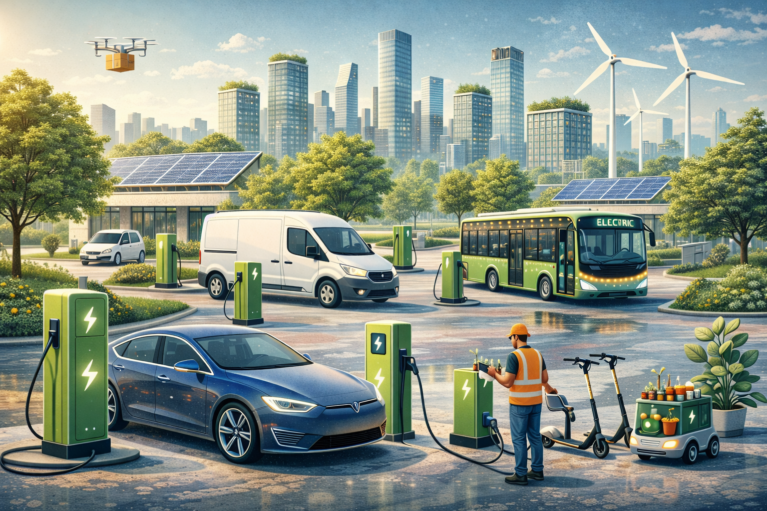 A futuristic electric vehicle on a clean highway.