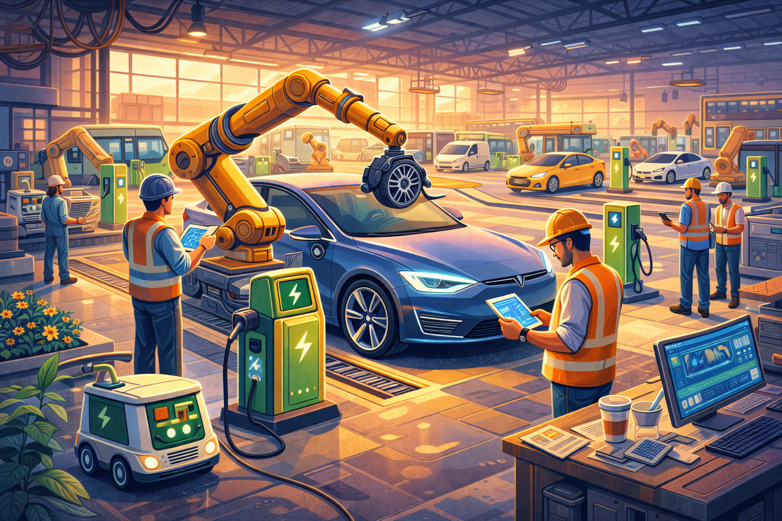 A colorful digital illustration of an electric vehicle driving through a futuristic cityscape powered by clean energy.