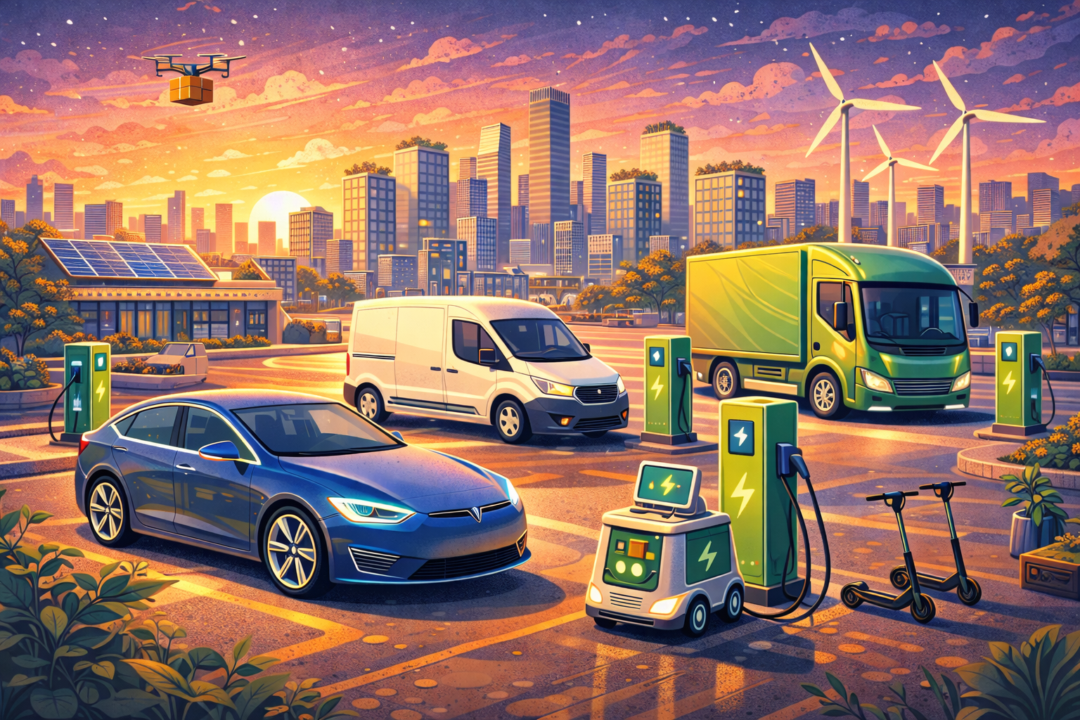 A futuristic city powered by renewable energy with electric vehicles, EV buses, and solar-powered EV chargers operating in a green urban environment.