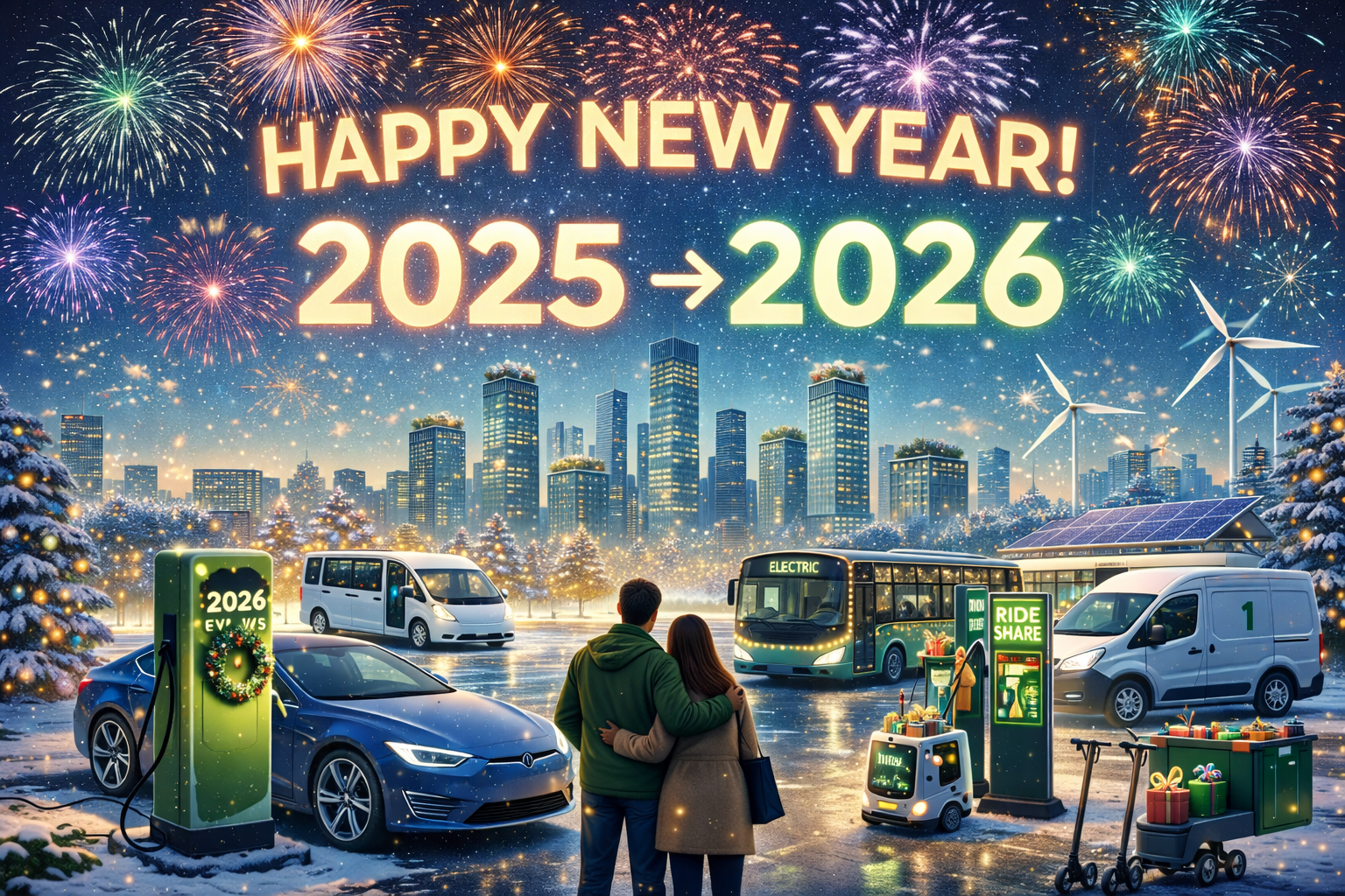 Festive city scene with fireworks, showcasing a future filled with electric vehicles like buses, trucks, and delivery vans during New Year celebrations.