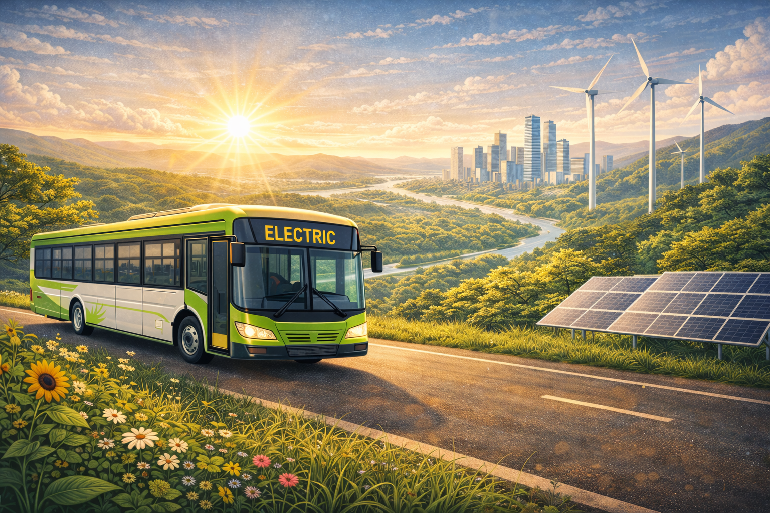 Electric bus driving through a scenic landscape with wind turbines and a modern city skyline, representing a sustainable future for electric transit.