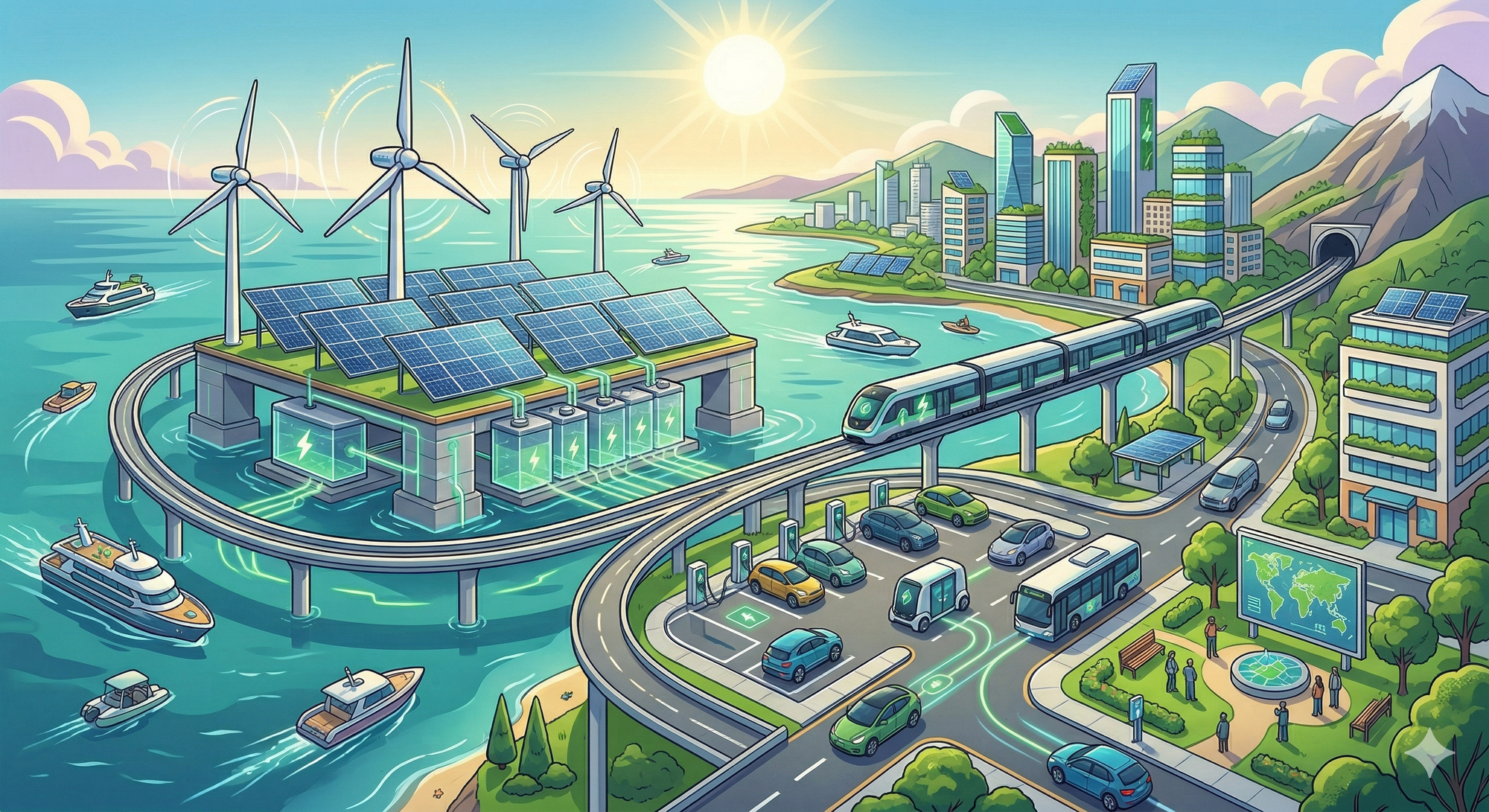 A futuristic sustainable city with renewable energy sources: offshore wind turbines, solar panels, green buildings, electric vehicles, and a monorail.