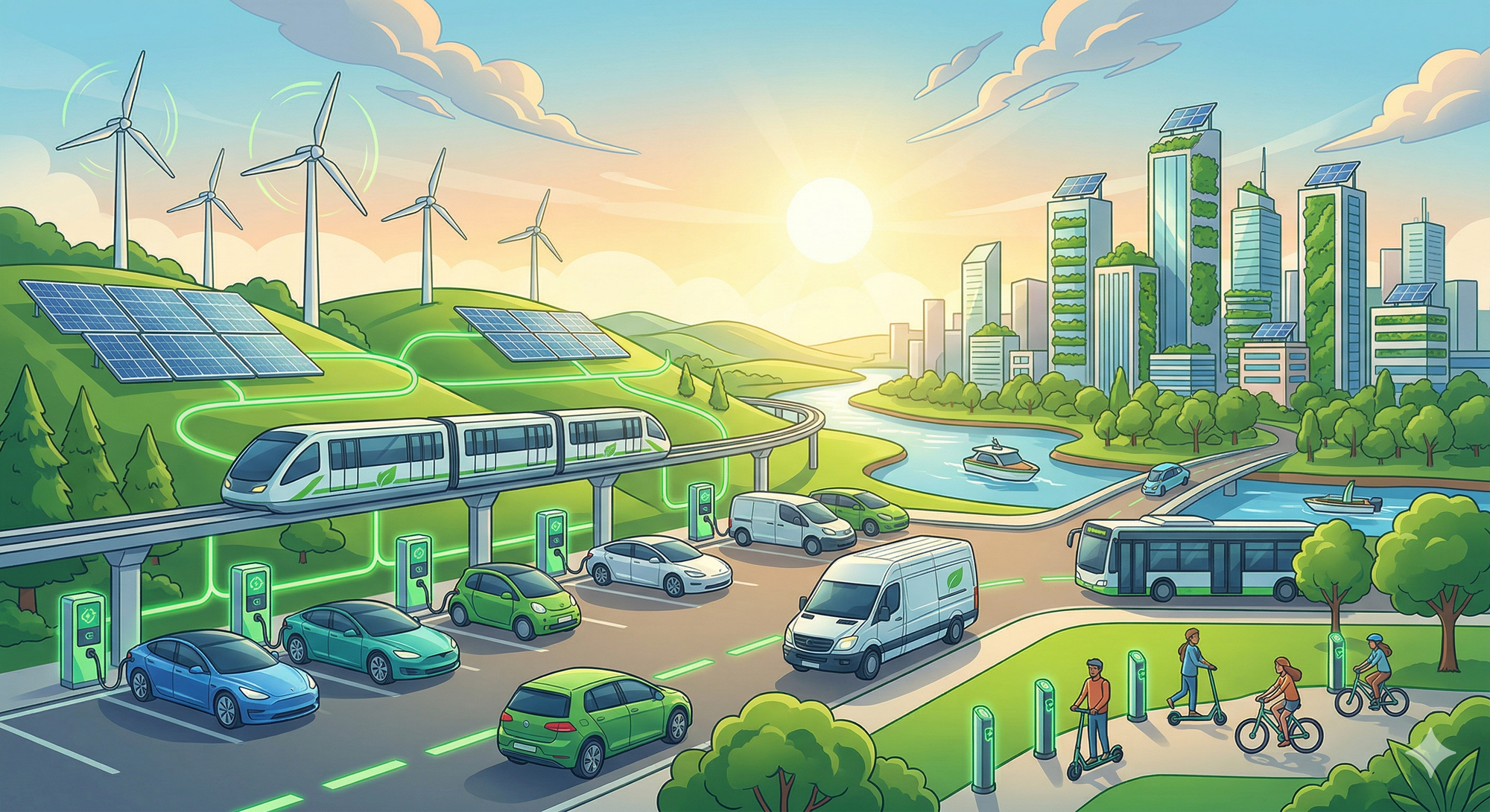 A futuristic sustainable city featuring renewable energy, electric vehicles, and an elevated transit system.