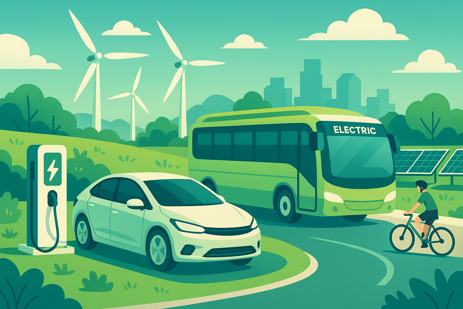 Two electric school buses charging at EV stations near solar panels and wind turbines on a sunny day.
