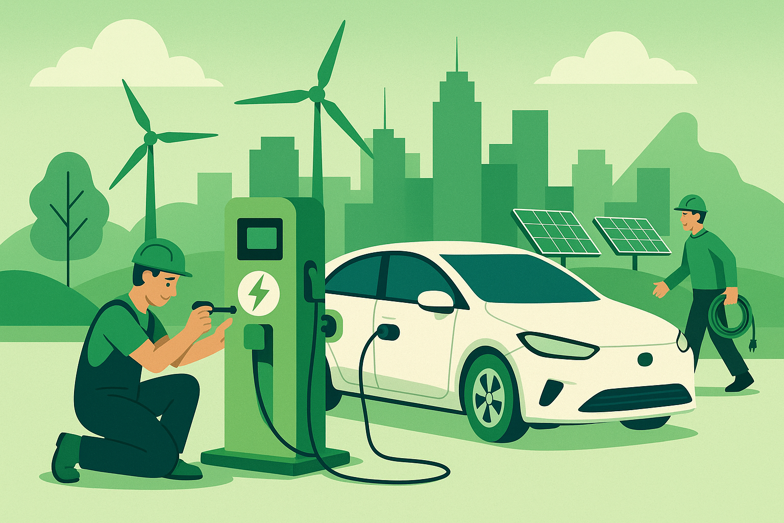 Workers installing an EV charger next to a white electric car in a green city with solar panels and wind turbines.