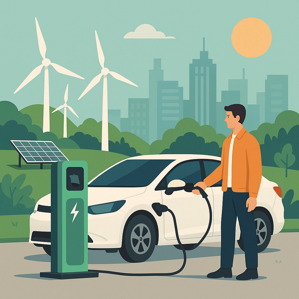 Man charging an electric car at a green station in a sustainable city with solar panels and wind turbines.
