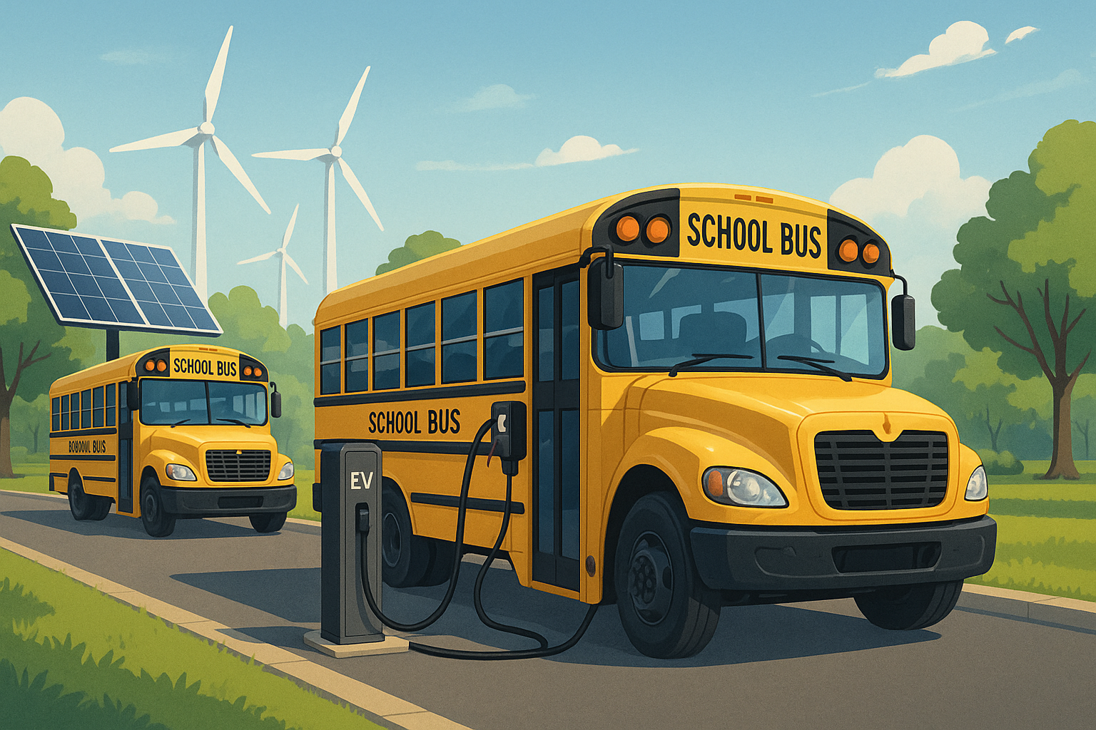 Two electric school buses charging at EV stations near solar panels and wind turbines on a sunny day.