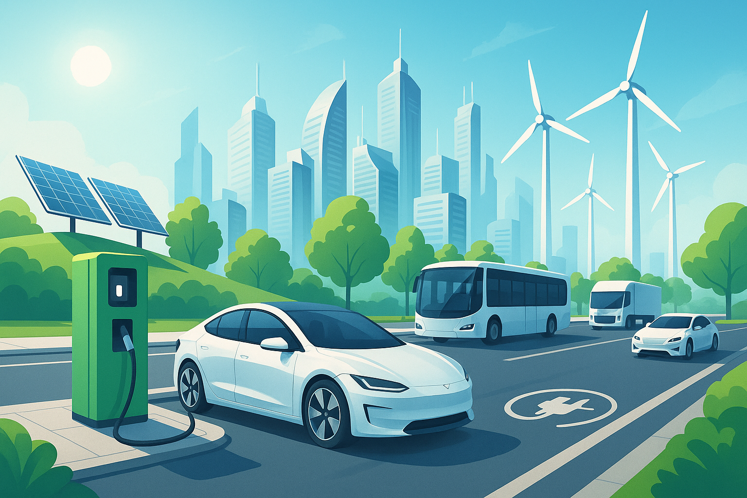 Futuristic green city with electric vehicles, a charging station, wind turbines, and solar panels.