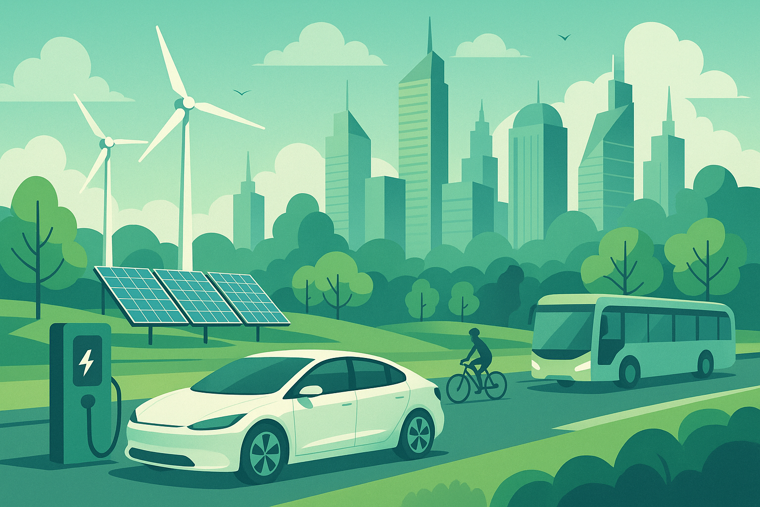 Electric car, cyclist, and bus in a green city powered by wind and solar energy.