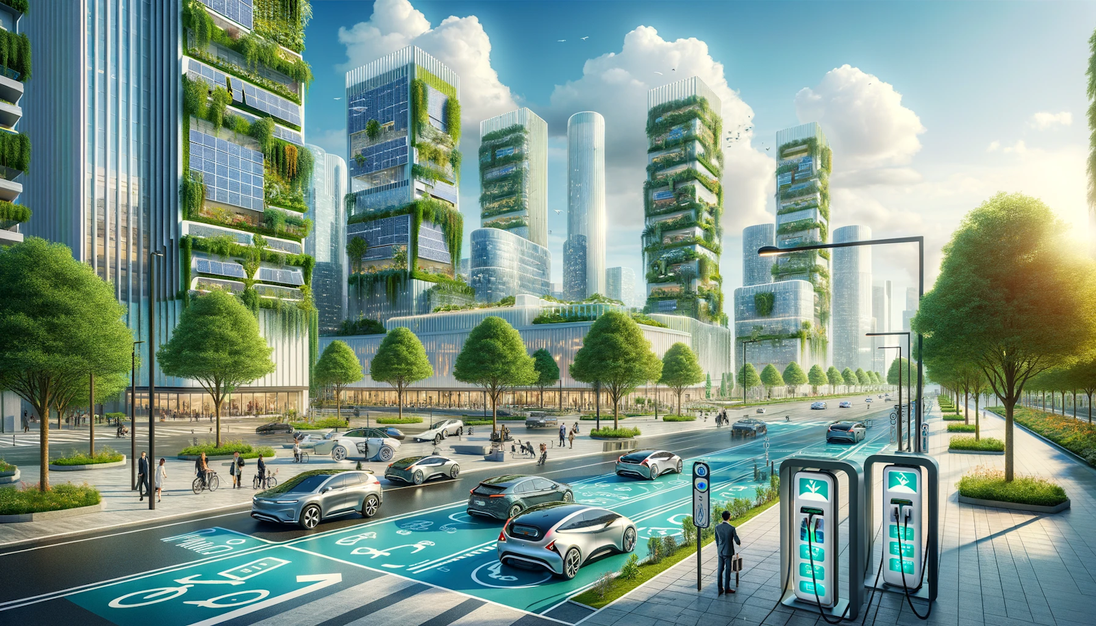 Futuristic cityscape with high-rise buildings featuring vertical gardens and solar panels, bustling streets with electric vehicles, and pedestrian-friendly, tree-lined sidewalks, exemplifyin…