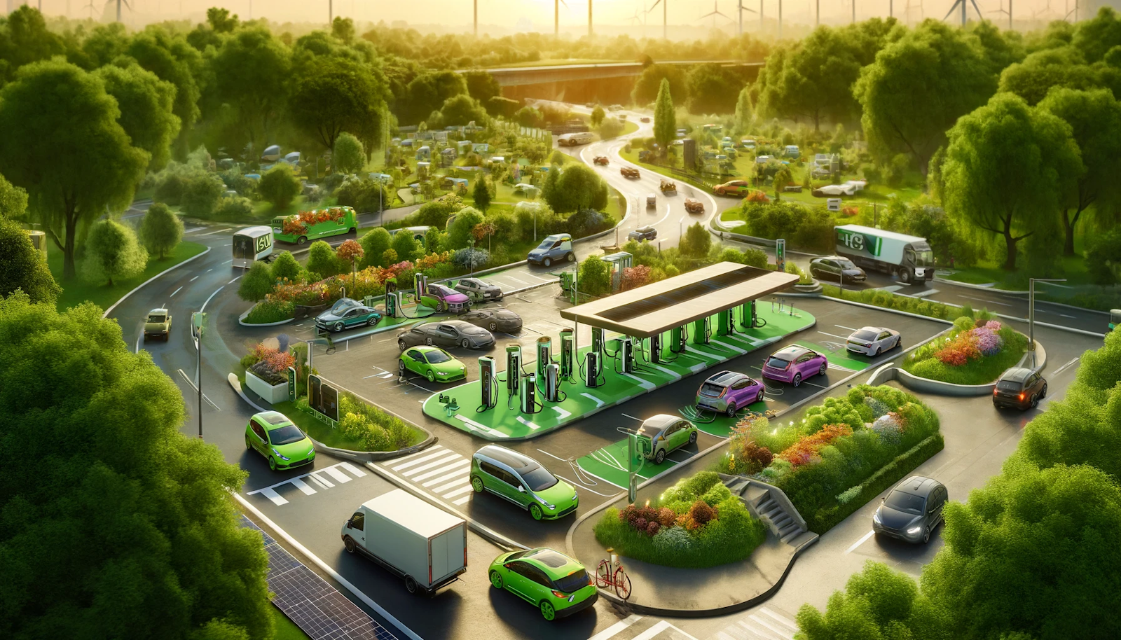 Urban electric vehicle (EV) charging station surrounded by lush greenery in a park-like setting, with cars charging under solar panels and wind turbines in the background, highlighting susta…