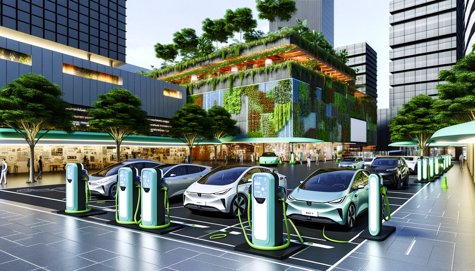 Electric vehicle charging station in a bustling city square, surrounded by modern architecture and greenery, with cars and vans connected to high-tech charging pillars, illustrating an urban…