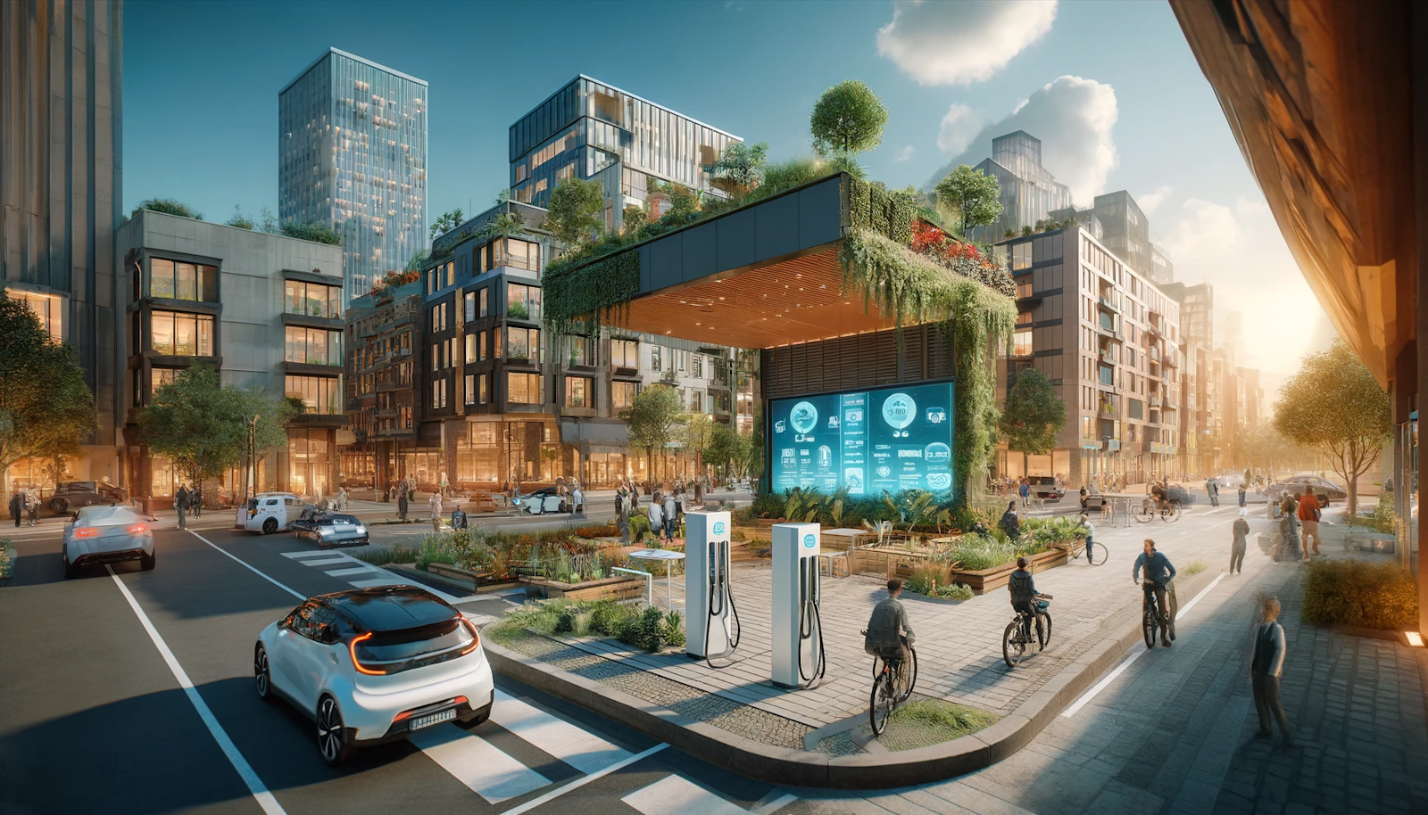 Innovative urban landscape featuring a state-of-the-art electric vehicle charging station integrated within a public space, surrounded by eco-friendly architecture and a vibrant community en…