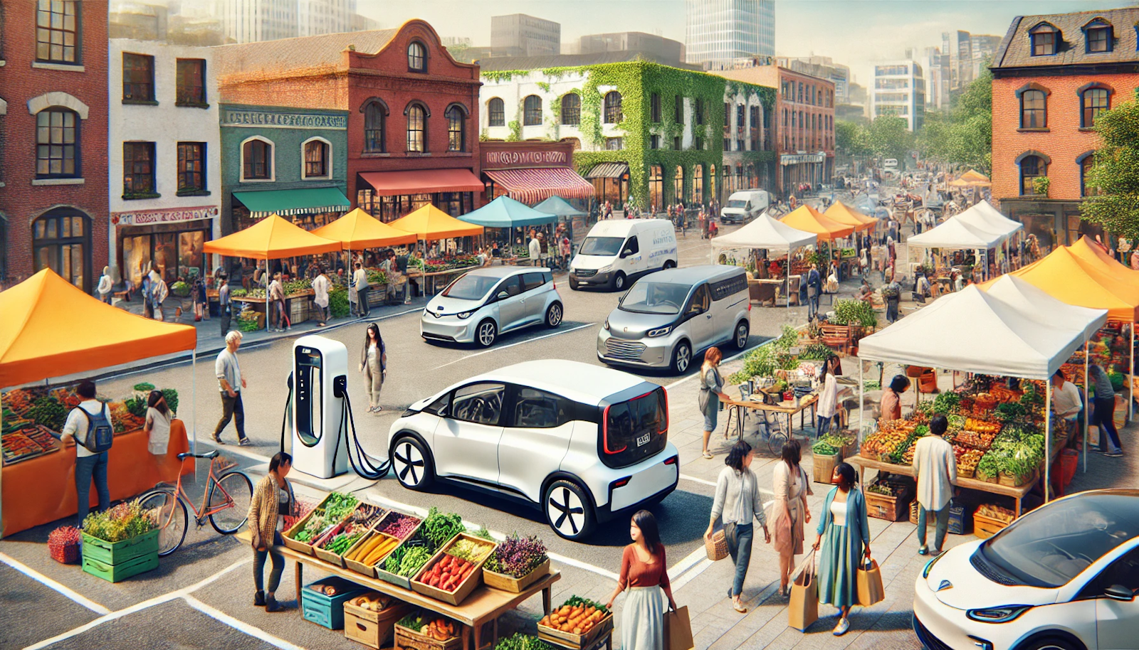 Urban farmer's market with an EV charging station, vibrant with shoppers and colorful street art, showcasing sustainable city living.