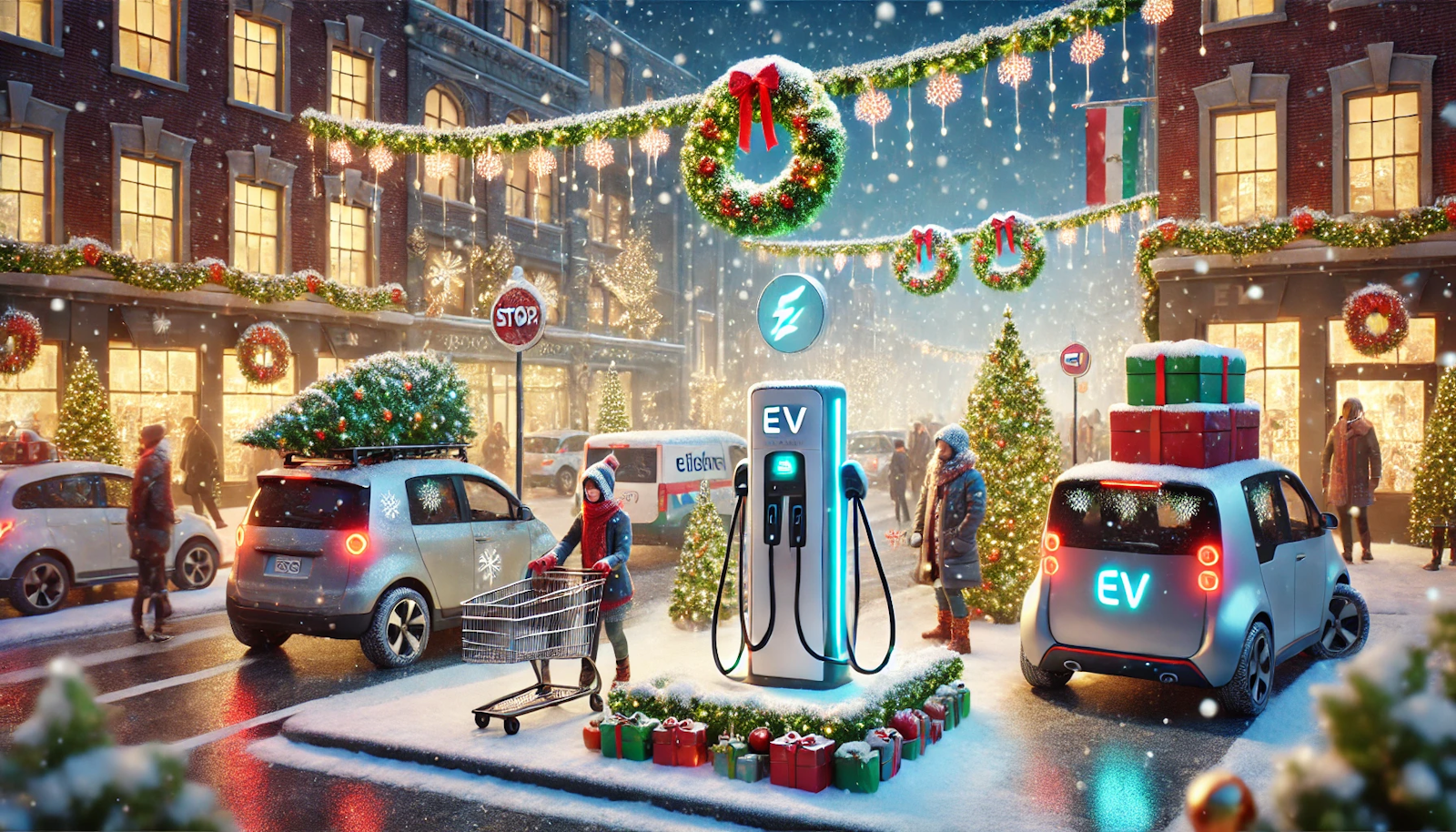 Festive city street with a decorated EV charging station and falling snow, featuring people and cars, including a family car with a Christmas tree, celebrating sustainable urban transport du…