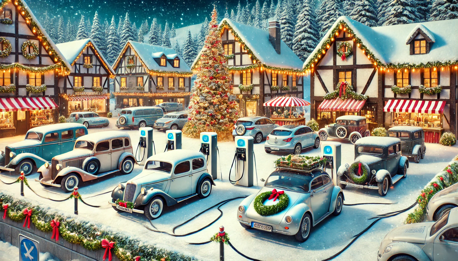 Christmas-themed village square with modern electric vehicles at decorated charging stations, a festive market, and snow-covered cottages, showcasing sustainable holiday spirit.