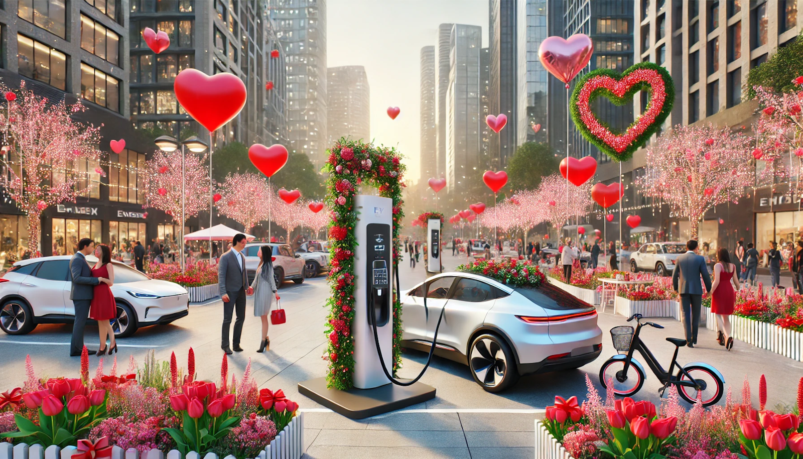 Vibrant urban park on Valentine's Day featuring a modern EV charging station decorated with heart-shaped balloons and romantic motifs. Couples and individuals enjoy the festive atmosphere, h…