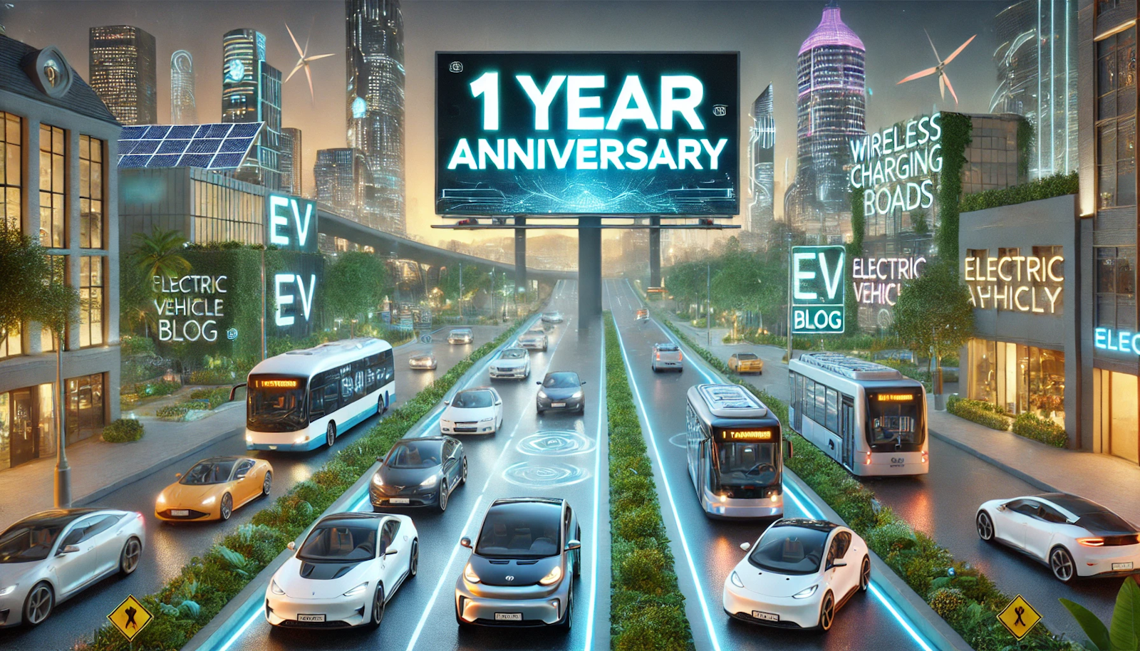 Futuristic city celebrating the one-year anniversary of an electric vehicle blog, featuring EVs, charging stations, and a glowing \