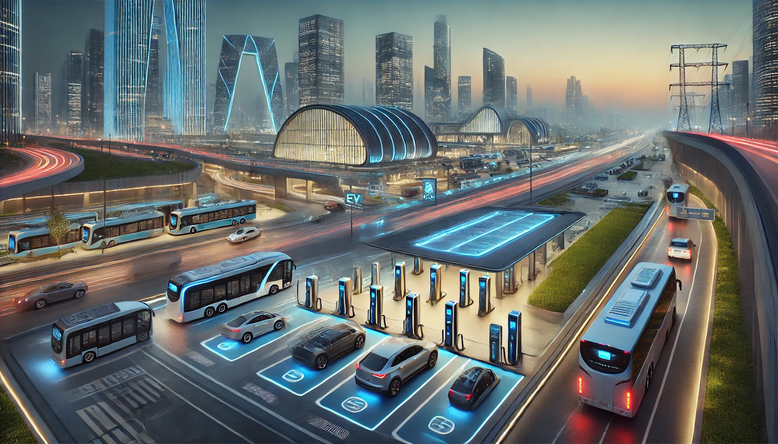 Futuristic urban transit hub at twilight with a modern EV charging station, featuring heavy-duty trucks, buses, and passenger cars under neon lighting and digital displays, highlighting adva…