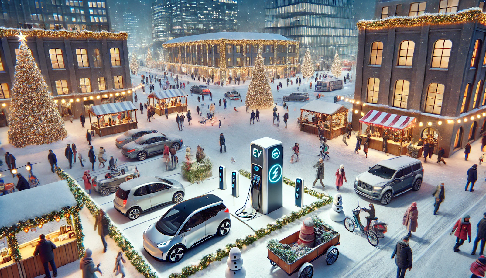 Urban square at a winter festival with an EV charging station, snow-covered streets, and festival lights. People enjoy food stalls and snow activities, highlighting sustainable urban transpo…