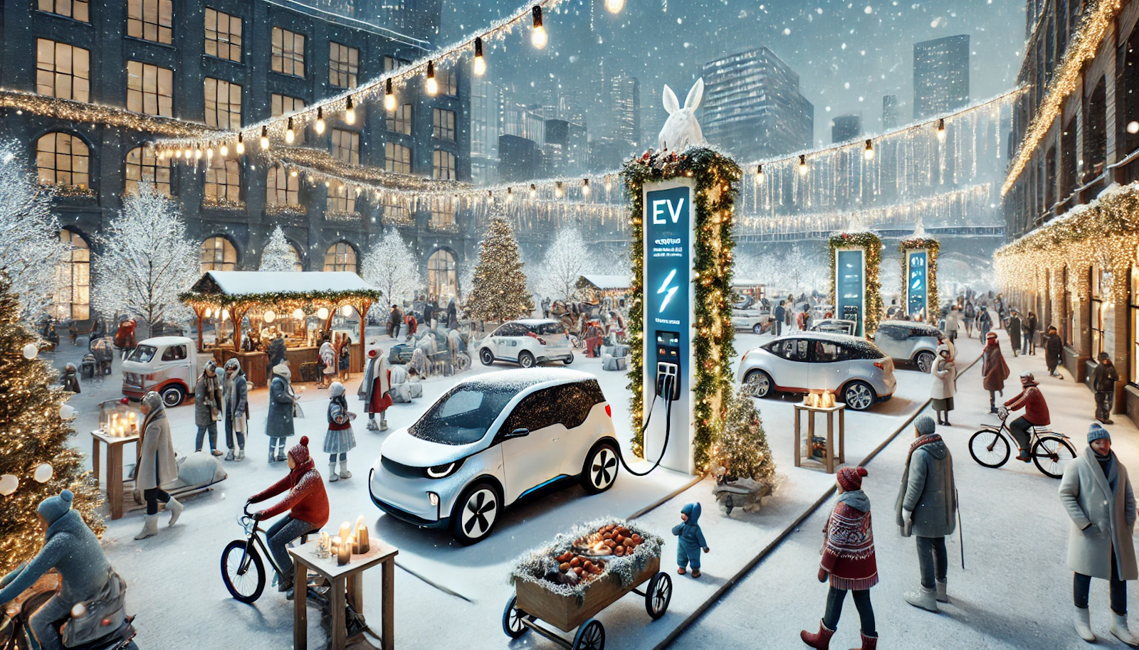 Festive urban square on New Year's Day, featuring an EV charging station, with people in winter attire, ice sculptures, and fairy lights, celebrating sustainably under falling snow.