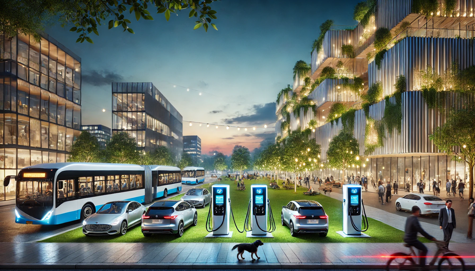Urban park at dusk with a multi-point EV charging station servicing heavy-duty electric buses and trucks, as well as cars, against a backdrop of large art installations and bright lighting,…