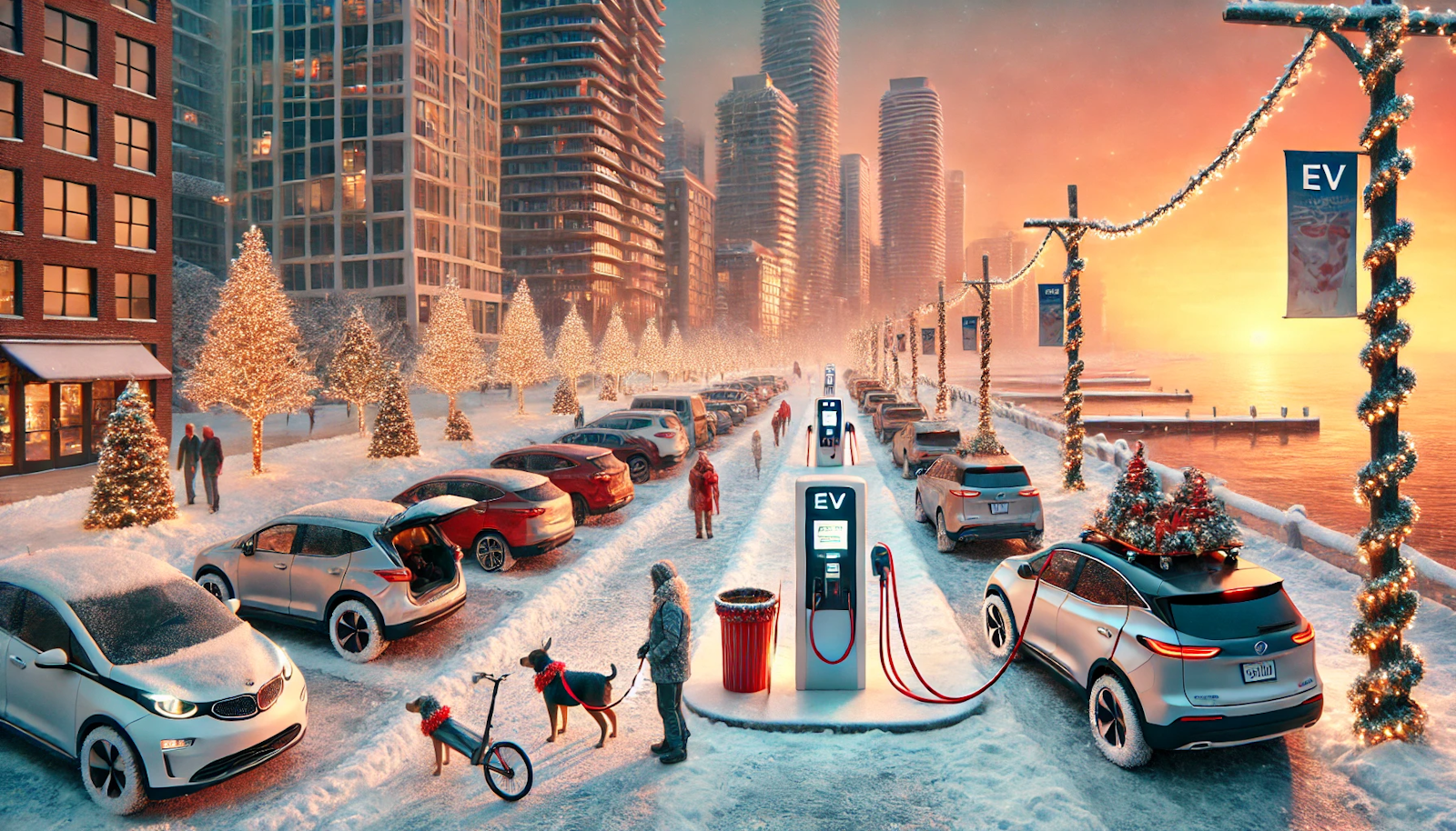Wintry coastal cityscape at sunset with an EV charging station, people in winter attire, and EVs with holiday lights on a snow-covered boardwalk. Background features sunset-reflected high-ri…