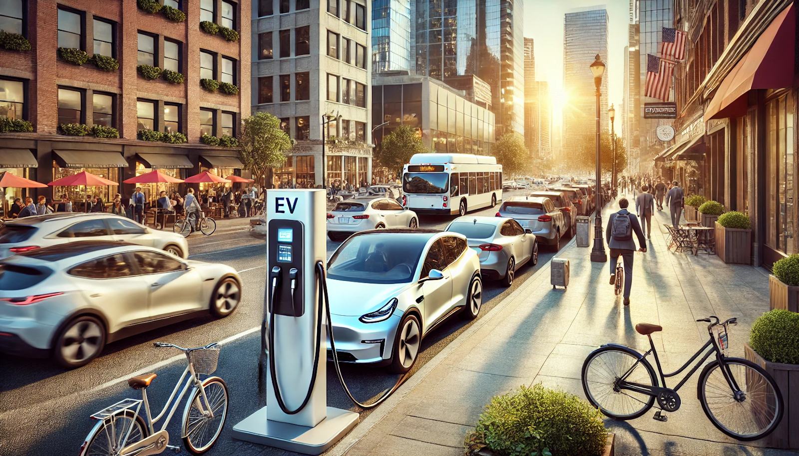 Morning rush hour on a city street with a modern electric vehicle (EV) charging station, surrounded by luxury sedans and compact cars, cyclists, and pedestrians, showcasing sustainable urban…