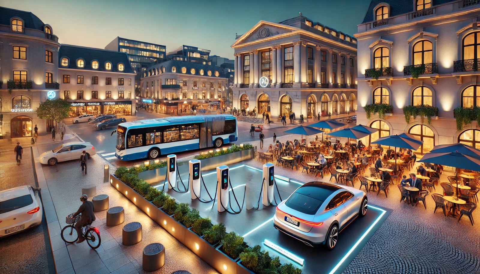 Evening urban square with an EV charging station, bustling with people, cafes, and performers, framed by a mix of historic and modern architecture, showcasing sustainable transportation.