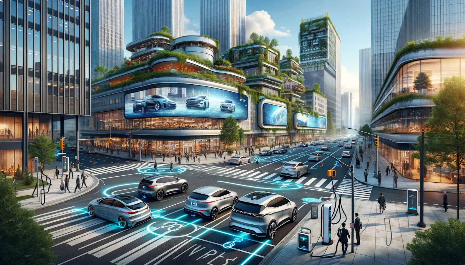 Bustling city intersection with diverse electric vehicles using wireless charging technology, surrounded by digital billboards promoting EV advancements, amidst buildings with vertical garde…