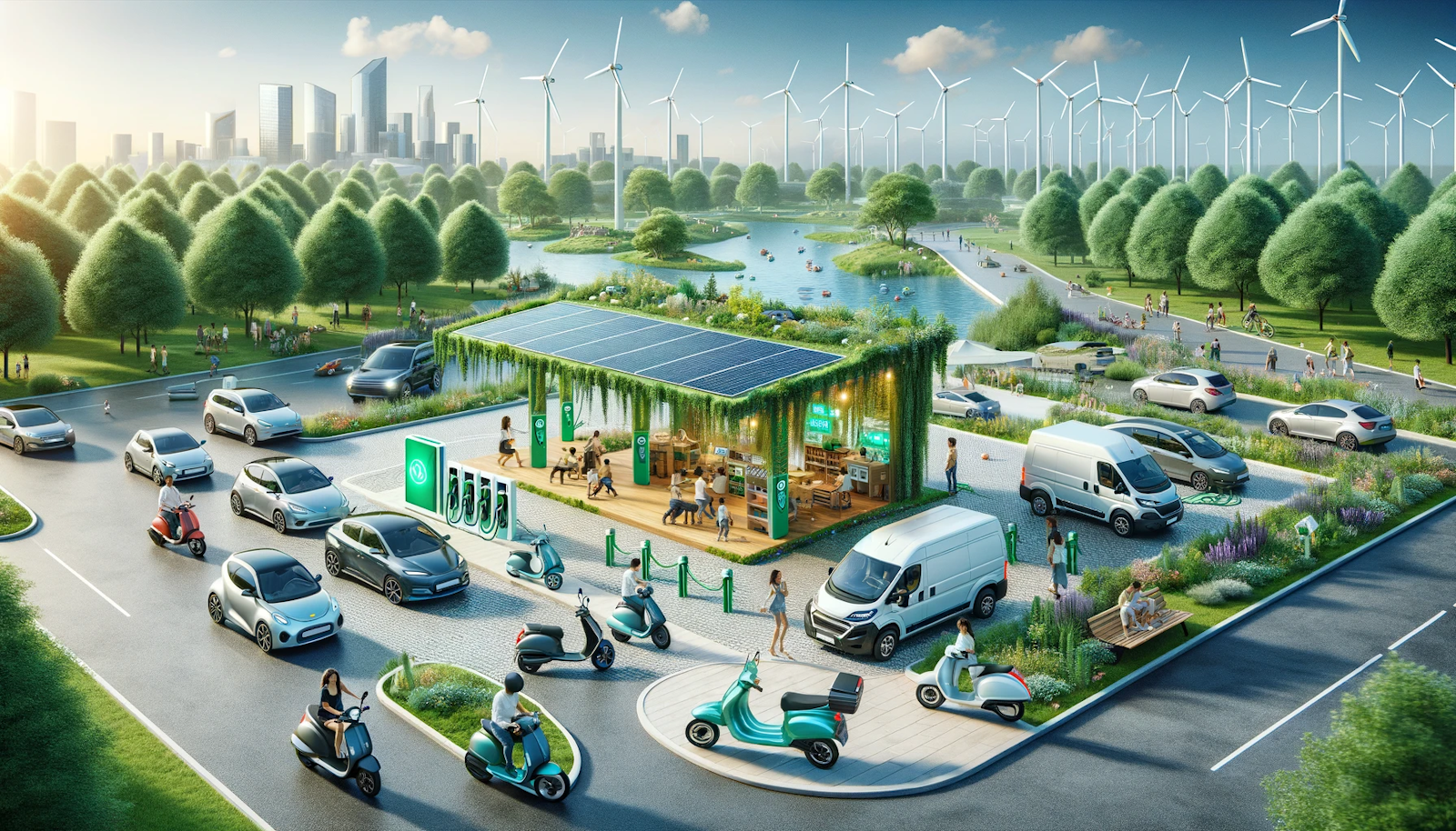 Modern green city park with diverse electric vehicles parked around a solar-powered charging station, amidst people enjoying the eco-friendly environment, with a city skyline featuring wind…