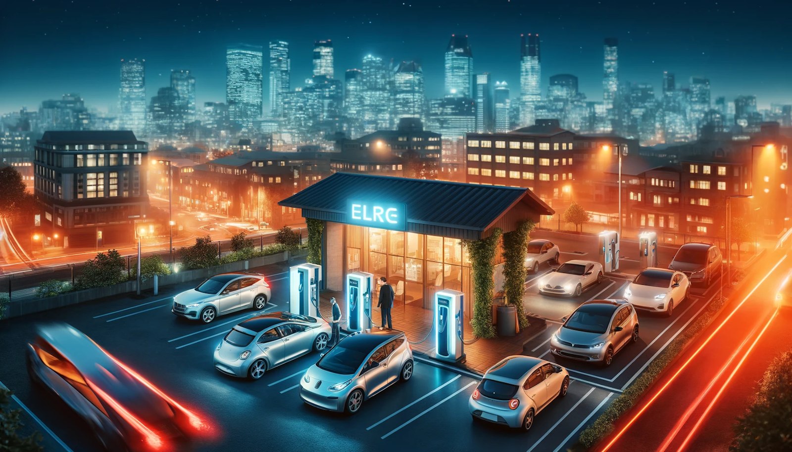 Evening scene at an electric vehicle charging station in a bustling city, illuminated by energy-efficient lighting, with electric cars charging and people engaging in conversation, highlight…