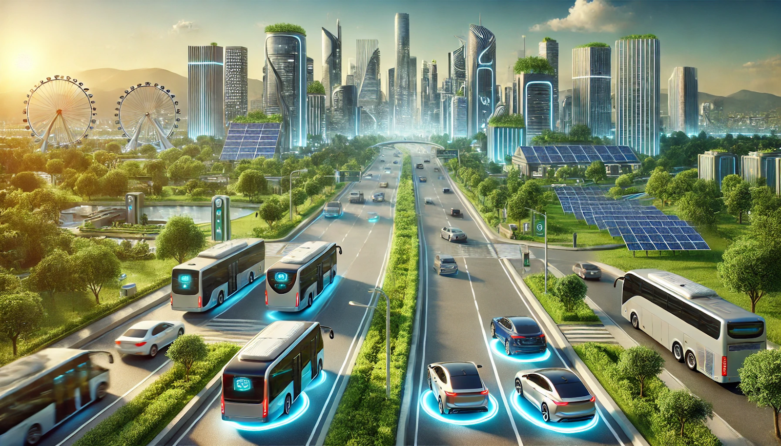 Futuristic city with electric vehicles and smart charging infrastructure.