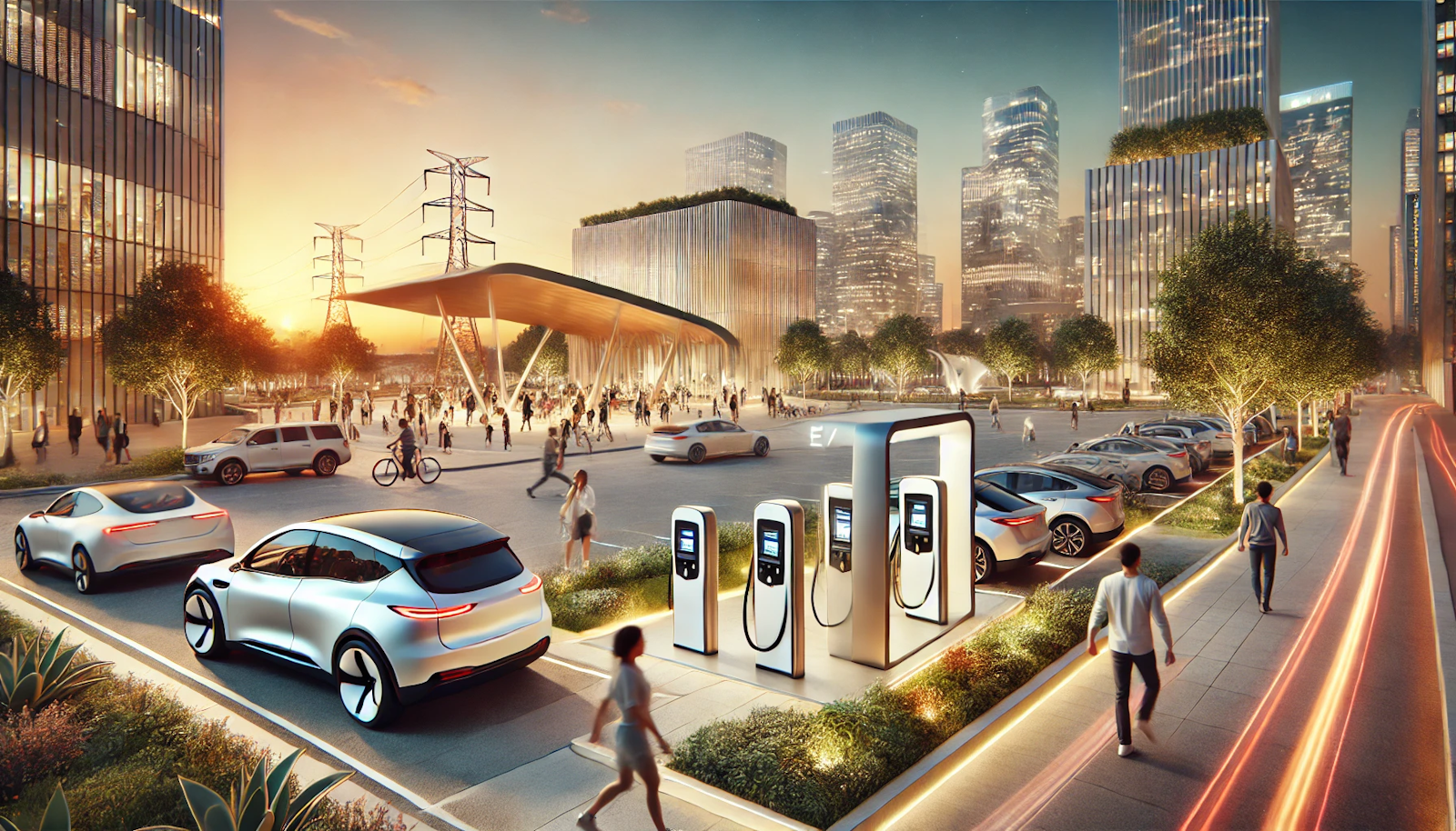 Modern urban park in the evening featuring a state-of-the-art EV charging station with people enjoying walks, joggers, and families, set against a backdrop of contemporary art installations…