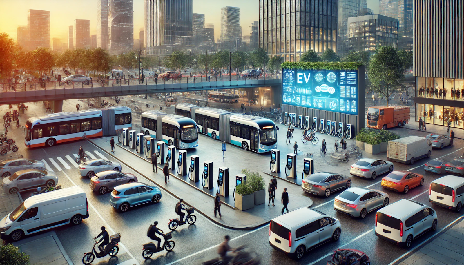 Busy urban transportation hub with a large EV charging station servicing buses, vans, and cars, surrounded by city life with pedestrians and cyclists, showcasing a fully electrified urban en…
